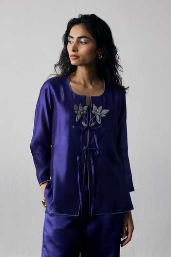 Buy Notsosure Purple Silk, Dupion Scoop Neck Floral Hand Embroidered Jacket Pant Set Online at Aza Fashions Buy_Notsosure_Purple Silk, Dupion Scoop Neck Floral Hand Embroidered Jacket Pant Set _Online_at_Aza_Fashions
