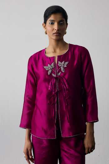 Buy Notsosure Magenta Silk, Dupion Round Neck Embroidered Jacket And Pant Set Online at Aza Fashions Buy_Notsosure_Magenta Silk, Dupion Round Neck Embroidered Jacket And Pant Set _Online_at_Aza_Fashions