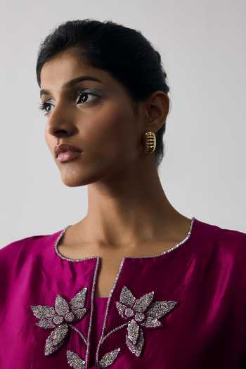 Shop Notsosure Magenta Silk, Dupion Round Neck Embroidered Jacket And Pant Set Online at Aza Fashions Shop_Notsosure_Magenta Silk, Dupion Round Neck Embroidered Jacket And Pant Set _Online_at_Aza_Fashions