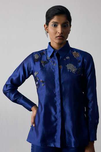 Notsosure Blue Silk, Dupion Mandarin Collar Abstract Embroidered Shirt And Pant Set Online at Aza Fashions Notsosure_Blue Silk, Dupion Mandarin Collar Abstract Embroidered Shirt And Pant Set _Online_at_Aza_Fashions