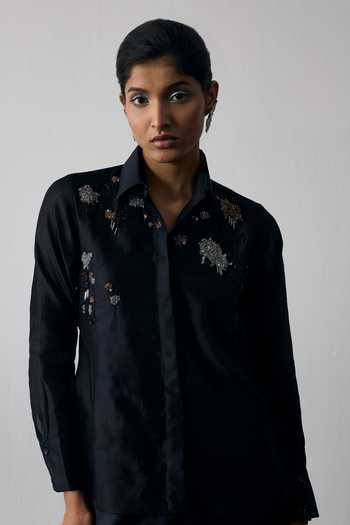 Notsosure_Black Silk, Dupion Collared Neck Abstract Embroidered Shirt And Pant Set _Online_at_Aza_Fashions