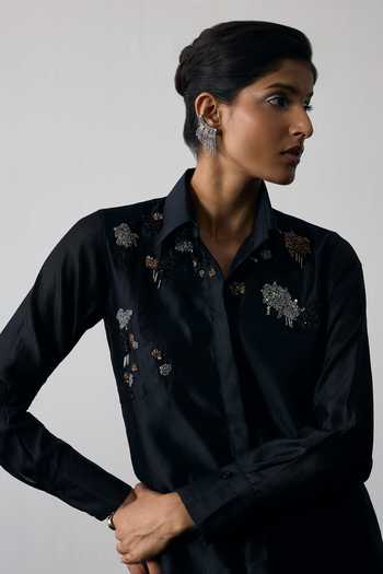 Buy_Notsosure_Black Silk, Dupion Collared Neck Abstract Embroidered Shirt And Pant Set _Online_at_Aza_Fashions