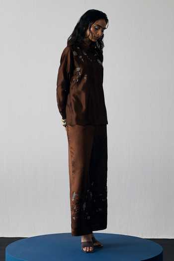Notsosure_Brown Silk, Dupion Collared Neck Abstract Embroidered Shirt And Pant Set _Online_at_Aza_Fashions