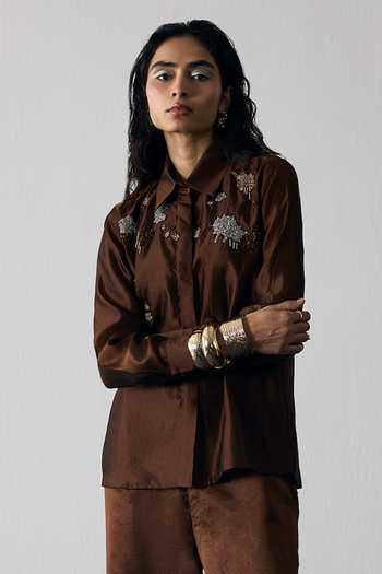 Buy_Notsosure_Brown Silk, Dupion Collared Neck Abstract Embroidered Shirt And Pant Set _Online_at_Aza_Fashions