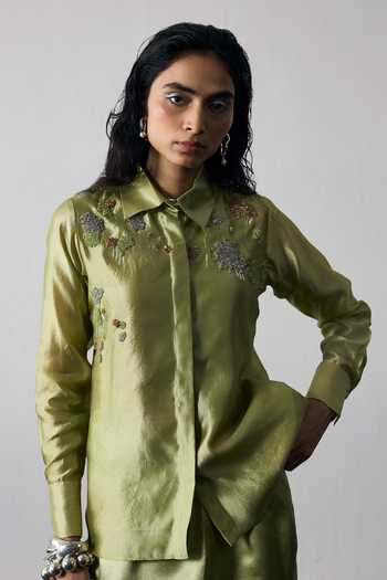 Notsosure_Green Silk, Dupion Collared Neck Abstract Embroidered Shirt And Skirt Set _Online_at_Aza_Fashions