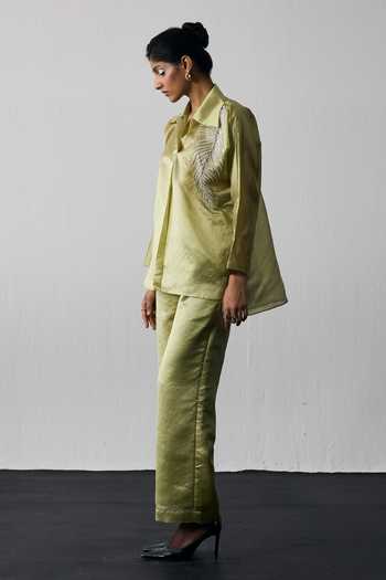 Buy Notsosure Green Silk, Dupion Collared Neck Leaf Embroidered Shirt And Pant Set Online at Aza Fashions Buy_Notsosure_Green Silk, Dupion Collared Neck Leaf Embroidered Shirt And Pant Set _Online_at_Aza_Fashions