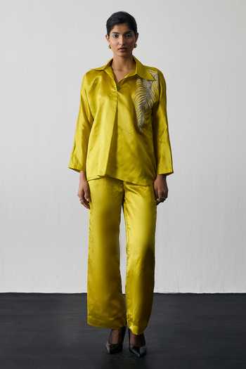 Notsosure Green Silk, Dupion Collared Neck Leaf Embroidered Shirt And Pant Set Online at Aza Fashions Notsosure_Green Silk, Dupion Collared Neck Leaf Embroidered Shirt And Pant Set _Online_at_Aza_Fashions