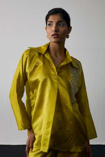 Shop Notsosure Green Silk, Dupion Collared Neck Leaf Embroidered Shirt And Pant Set Online at Aza Fashions Shop_Notsosure_Green Silk, Dupion Collared Neck Leaf Embroidered Shirt And Pant Set _Online_at_Aza_Fashions