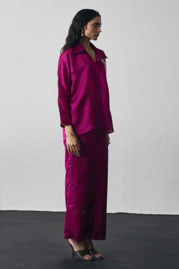 Notsosure Magenta Silk, Dupion Collared Neck Leaf Embroidered Shirt And Pant Set Online at Aza Fashions Notsosure_Magenta Silk, Dupion Collared Neck Leaf Embroidered Shirt And Pant Set _Online_at_Aza_Fashions