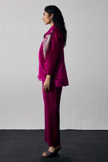 Buy Notsosure Magenta Silk, Dupion Collared Neck Leaf Embroidered Shirt And Pant Set Online at Aza Fashions Buy_Notsosure_Magenta Silk, Dupion Collared Neck Leaf Embroidered Shirt And Pant Set _Online_at_Aza_Fashions