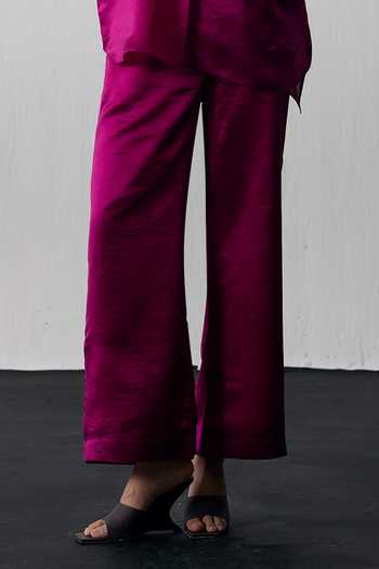 Shop Notsosure Magenta Silk, Dupion Collared Neck Leaf Embroidered Shirt And Pant Set Online at Aza Fashions Shop_Notsosure_Magenta Silk, Dupion Collared Neck Leaf Embroidered Shirt And Pant Set _Online_at_Aza_Fashions
