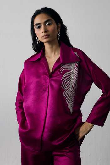 Notsosure Magenta Silk, Dupion Collared Neck Leaf Embroidered Shirt And Pant Set at Aza Fashions Notsosure_Magenta Silk, Dupion Collared Neck Leaf Embroidered Shirt And Pant Set _at_Aza_Fashions