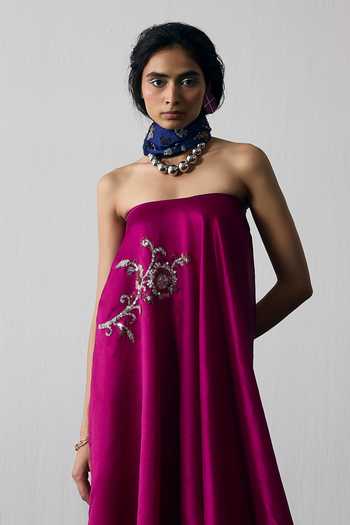 Notsosure_Magenta Silk, Dupion Bandeau Neck Motif Tube Dress _Online_at_Aza_Fashions