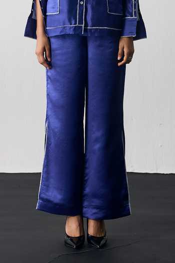 Notsosure_Blue Silk, Dupion Collared Neck Shirt And Pant Set _Online_at_Aza_Fashions