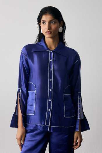 Buy_Notsosure_Blue Silk, Dupion Collared Neck Shirt And Pant Set _Online_at_Aza_Fashions