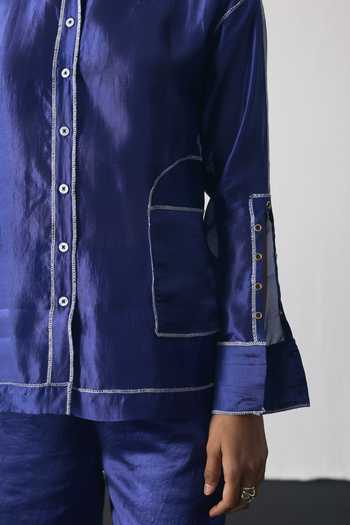 Shop_Notsosure_Blue Silk, Dupion Collared Neck Shirt And Pant Set _Online_at_Aza_Fashions