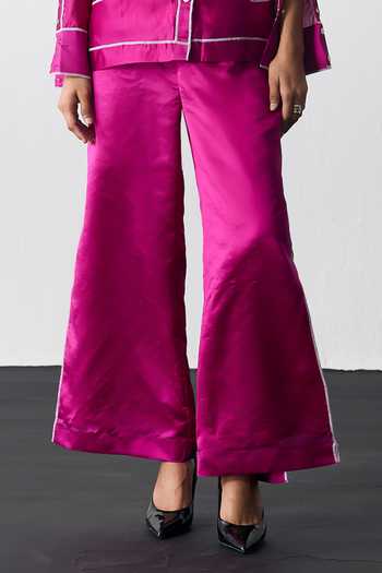 Notsosure_Magenta Silk, Dupion Collared Neck Lines Embroidered Shirt And Pant Co-ord Set _Online_at_Aza_Fashions