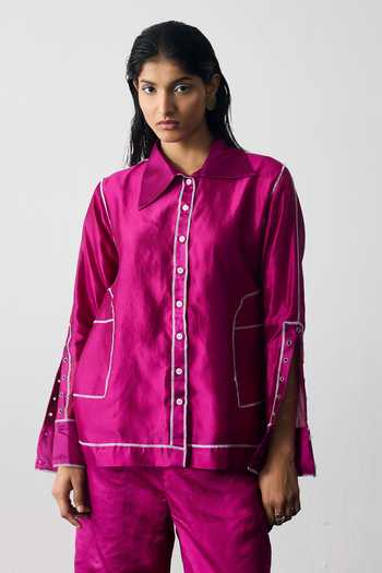 Buy_Notsosure_Magenta Silk, Dupion Collared Neck Lines Embroidered Shirt And Pant Co-ord Set _Online_at_Aza_Fashions