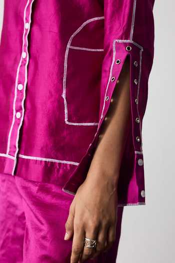 Shop_Notsosure_Magenta Silk, Dupion Collared Neck Lines Embroidered Shirt And Pant Co-ord Set _Online_at_Aza_Fashions