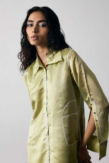 Notsosure Green Silk, Dupion Button-down Neck Geometric Pattern Dress Online at Aza Fashions Notsosure_Green Silk, Dupion Button-down Neck Geometric Pattern Dress _Online_at_Aza_Fashions