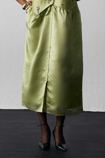 Notsosure_Green Silk, Dupion V-neck Vest Dress _Online_at_Aza_Fashions