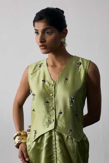 Buy_Notsosure_Green Silk, Dupion V-neck Vest Dress _Online_at_Aza_Fashions