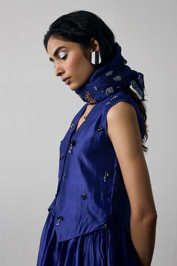 Buy Notsosure Blue Silk, Dupion V-neck Floral Pattern Dress Online at Aza Fashions Buy_Notsosure_Blue Silk, Dupion V-neck Floral Pattern Dress _Online_at_Aza_Fashions