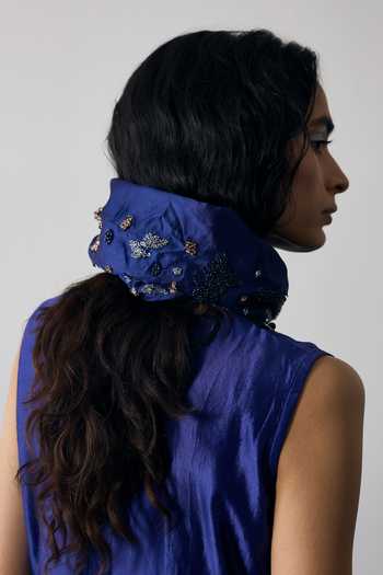 Shop Notsosure Blue Silk, Dupion V-neck Floral Pattern Dress Online at Aza Fashions Shop_Notsosure_Blue Silk, Dupion V-neck Floral Pattern Dress _Online_at_Aza_Fashions