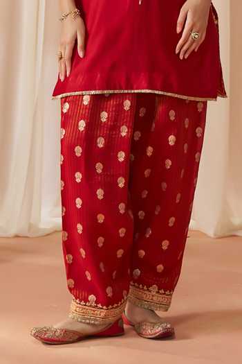 Sheetal Batra Red Silk, Chanderi Notched Neck Adeela Kashmiri Tilla Embroidered Kurta Set Online at Aza Fashions Sheetal Batra_Red Silk, Chanderi Notched Neck Adeela Kashmiri Tilla Embroidered Kurta Set _Online_at_Aza_Fashions