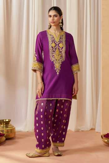 Sheetal Batra Purple Silk, Chanderi Split Adeela Kashmiri Tilla Embroidered Kurta Salwar Set Online at Aza Fashions Sheetal Batra_Purple Silk, Chanderi Split Adeela Kashmiri Tilla Embroidered Kurta Salwar Set _Online_at_Aza_Fashions