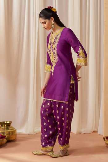 Buy Sheetal Batra Purple Silk, Chanderi Split Adeela Kashmiri Tilla Embroidered Kurta Salwar Set Online at Aza Fashions Buy_Sheetal Batra_Purple Silk, Chanderi Split Adeela Kashmiri Tilla Embroidered Kurta Salwar Set _Online_at_Aza_Fashions