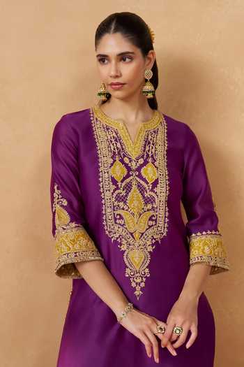 Buy Sheetal Batra Purple Silk, Chanderi Split Adeela Kashmiri Tilla Embroidered Kurta Salwar Set Buy_Sheetal Batra_Purple Silk, Chanderi Split Adeela Kashmiri Tilla Embroidered Kurta Salwar Set