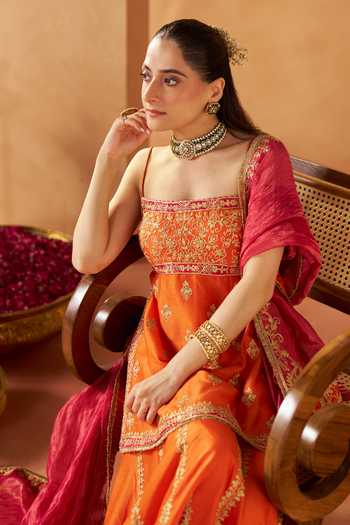 Sheetal Batra Orange Silk, Chanderi Square Neck Najma Embroidered Kurta Gharara Set Online at Aza Fashions Sheetal Batra_Orange Silk, Chanderi Square Neck Najma Embroidered Kurta Gharara Set _Online_at_Aza_Fashions