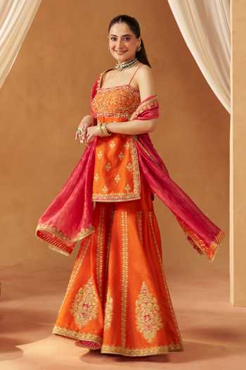 Buy Sheetal Batra Orange Silk, Chanderi Square Neck Najma Embroidered Kurta Gharara Set Online at Aza Fashions Buy_Sheetal Batra_Orange Silk, Chanderi Square Neck Najma Embroidered Kurta Gharara Set _Online_at_Aza_Fashions