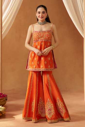 Shop Sheetal Batra Orange Silk, Chanderi Square Neck Najma Embroidered Kurta Gharara Set Online at Aza Fashions Shop_Sheetal Batra_Orange Silk, Chanderi Square Neck Najma Embroidered Kurta Gharara Set _Online_at_Aza_Fashions