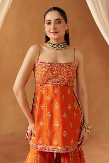 Sheetal Batra Orange Silk, Chanderi Square Neck Najma Embroidered Kurta Gharara Set at Aza Fashions Sheetal Batra_Orange Silk, Chanderi Square Neck Najma Embroidered Kurta Gharara Set _at_Aza_Fashions