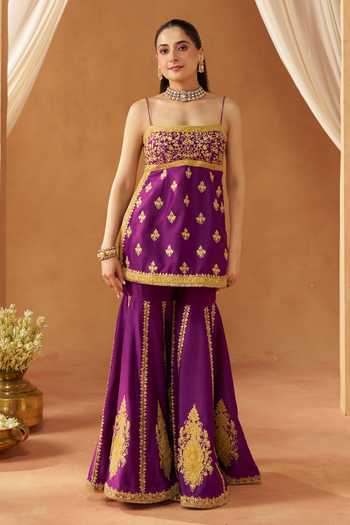 Sheetal Batra Purple Silk, Chanderi Square Neck Najma Embroidered Kurta Set Online at Aza Fashions Sheetal Batra_Purple Silk, Chanderi Square Neck Najma Embroidered Kurta Set _Online_at_Aza_Fashions