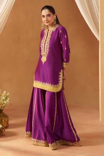 Sheetal Batra Purple Silk, Chanderi Round Neck, Fadiya Kashmiri Tilla Embroidered Kurta Set Online at Aza Fashions Sheetal Batra_Purple Silk, Chanderi Round Neck, Fadiya Kashmiri Tilla Embroidered Kurta Set _Online_at_Aza_Fashions