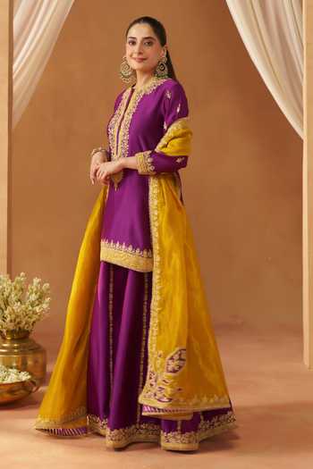 Buy Sheetal Batra Purple Silk, Chanderi Round Neck, Fadiya Kashmiri Tilla Embroidered Kurta Set Online at Aza Fashions Buy_Sheetal Batra_Purple Silk, Chanderi Round Neck, Fadiya Kashmiri Tilla Embroidered Kurta Set _Online_at_Aza_Fashions