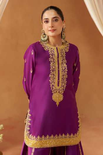 Shop Sheetal Batra Purple Silk, Chanderi Round Neck, Fadiya Kashmiri Tilla Embroidered Kurta Set Online at Aza Fashions Shop_Sheetal Batra_Purple Silk, Chanderi Round Neck, Fadiya Kashmiri Tilla Embroidered Kurta Set _Online_at_Aza_Fashions