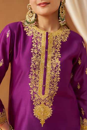 Buy Sheetal Batra Purple Silk, Chanderi Round Neck, Fadiya Kashmiri Tilla Embroidered Kurta Set Buy_Sheetal Batra_Purple Silk, Chanderi Round Neck, Fadiya Kashmiri Tilla Embroidered Kurta Set