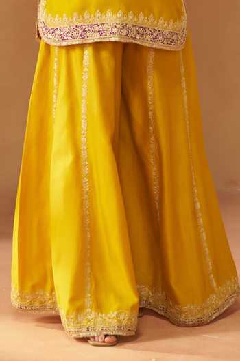 Buy_Sheetal Batra_Yellow Silk, Chanderi Round Neck, Yes Fadiya Embroidered Kurta Sharara Set _Online_at_Aza_Fashions