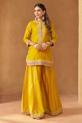 Shop_Sheetal Batra_Yellow Silk, Chanderi Round Neck, Yes Fadiya Embroidered Kurta Sharara Set _Online_at_Aza_Fashions