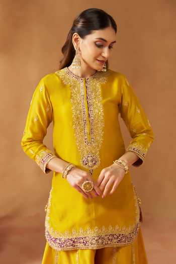 Sheetal Batra_Yellow Silk, Chanderi Round Neck, Yes Fadiya Embroidered Kurta Sharara Set _at_Aza_Fashions