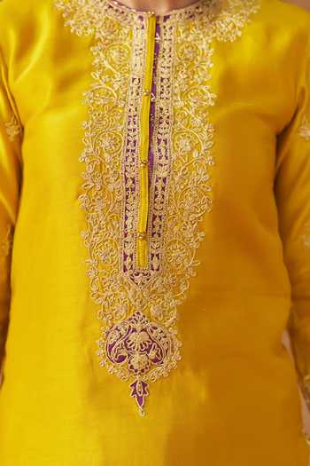 Buy_Sheetal Batra_Yellow Silk, Chanderi Round Neck, Yes Fadiya Embroidered Kurta Sharara Set 