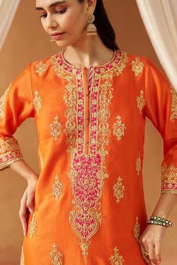 Sheetal Batra Orange Silk, Chanderi Round Neck Mubina Embroidered Kurta Set Online at Aza Fashions Sheetal Batra_Orange Silk, Chanderi Round Neck Mubina Embroidered Kurta Set _Online_at_Aza_Fashions