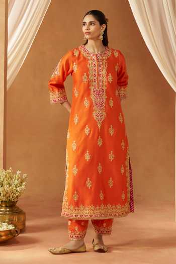 Buy Sheetal Batra Orange Silk, Chanderi Round Neck Mubina Embroidered Kurta Set Online at Aza Fashions Buy_Sheetal Batra_Orange Silk, Chanderi Round Neck Mubina Embroidered Kurta Set _Online_at_Aza_Fashions
