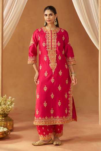 Buy Sheetal Batra Pink Silk, Chanderi Round Neck Mubina Embroidered Kurta Set Online at Aza Fashions Buy_Sheetal Batra_Pink Silk, Chanderi Round Neck Mubina Embroidered Kurta Set _Online_at_Aza_Fashions