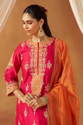 Shop Sheetal Batra Pink Silk, Chanderi Round Neck Mubina Embroidered Kurta Set Online at Aza Fashions Shop_Sheetal Batra_Pink Silk, Chanderi Round Neck Mubina Embroidered Kurta Set _Online_at_Aza_Fashions