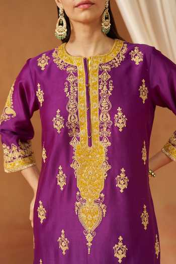 Shop Sheetal Batra Purple Silk, Chanderi Round Neck Mubina Kurta Set Online at Aza Fashions Shop_Sheetal Batra_Purple Silk, Chanderi Round Neck Mubina Kurta Set _Online_at_Aza_Fashions